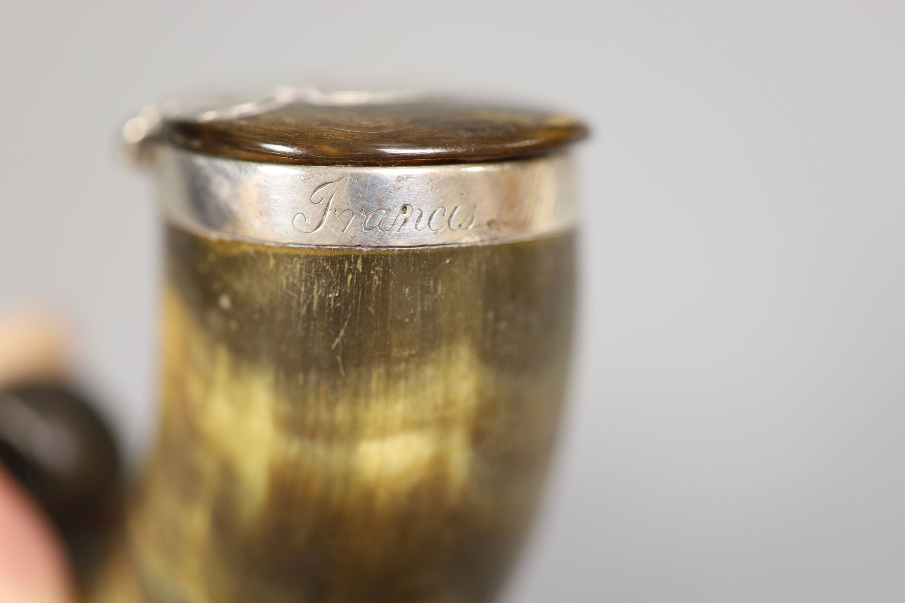 A 19th century Scottish white metal mounted horn snuff mull, inscribed 'Francis Sharp, Limekilns', 75mm.